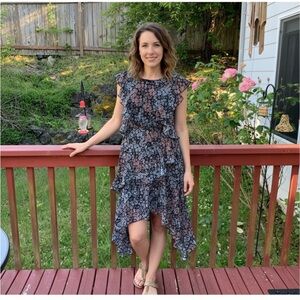 Belle Sky Boho Floral Ruffled Midi Dress Size Small Handkerchief Hem Bohemian